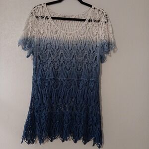 Est. 1946 Women's Lace Crocheted Top Sz L White To Blue Ombré Pointed Scalloped